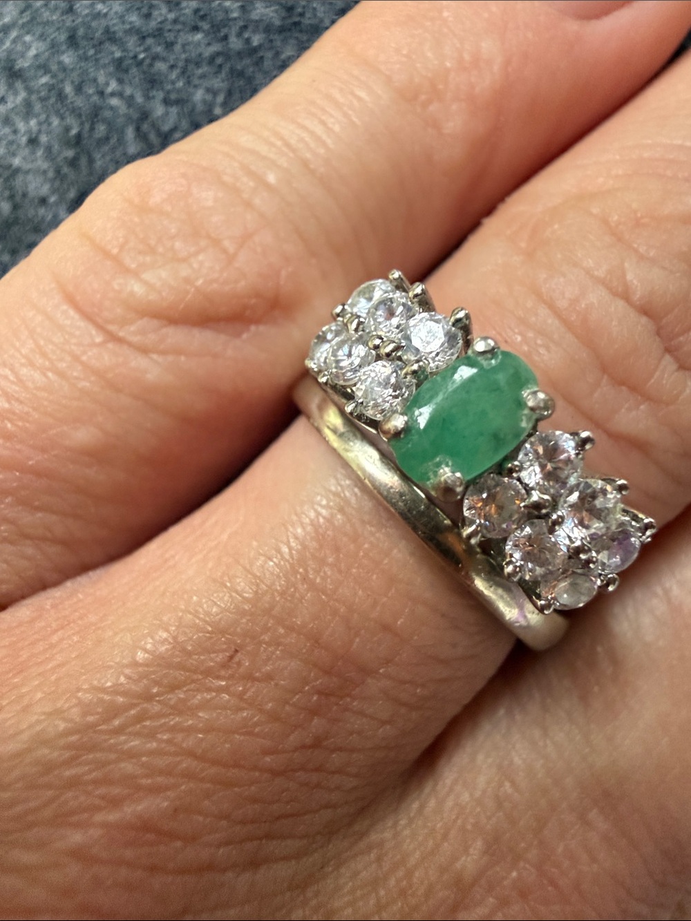 Vintage Natural Green Emerald Ring with White Accent Stones